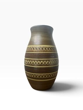 Vintage German Pottery Vase Brown Cream Geometric 113/20 – 8”